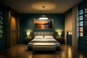 a bedroom with a bed, lamp and a painting. AI-Generated photo