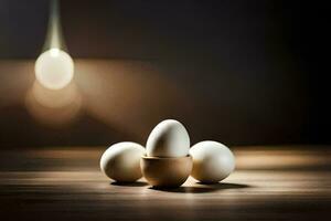 three eggs are sitting on a table with a light shining on them. AI-Generated photo