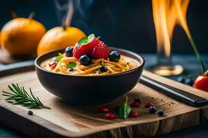 spaghetti with berries and herbs in a bowl. AI-Generated photo