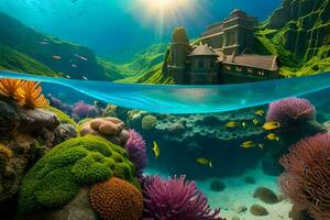 an underwater scene with a castle and coral reefs. AI-Generated photo