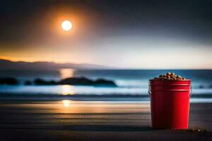 a red bucket filled with peanuts on the beach. AI-Generated photo