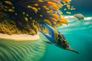 un pescado nadando en el Oceano con un anémona. generado por ai foto