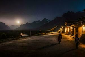 two people walk down a road at night with a mountain in the background. AI-Generated photo