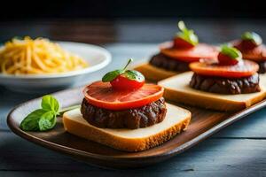 Tres emparedados con Tomates y queso en un de madera bandeja. generado por ai foto