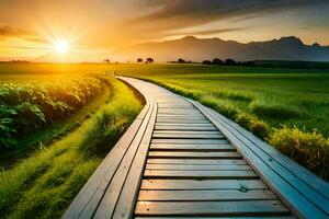 the wooden path in the sunset. AI-Generated photo