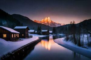 foto fondo de pantalla el cielo, montañas, río, nieve, casa, río, invierno, el montañas. generado por ai