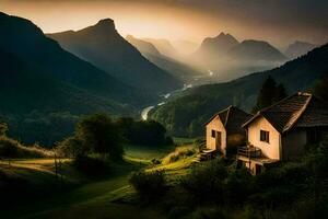 the sun shines on a house in the mountains. AI-Generated photo