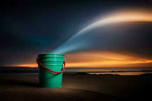 a green bucket on the beach with a rainbow coming out of it. AI-Generated photo