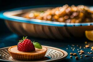 a dessert with strawberries and nuts on a plate. AI-Generated photo