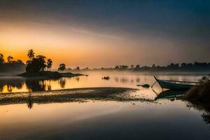 a boat sits on the water at sunrise. AI-Generated photo