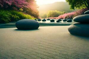 a stone path with flowers and rocks in the foreground. AI-Generated photo