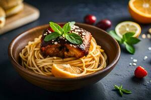 espaguetis con carne y vegetales en un bol. generado por ai foto