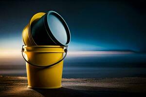 a yellow bucket with a black lid sitting on the beach. AI-Generated photo