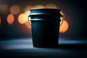 a black bucket sitting on a table with blurred lights. AI-Generated photo