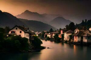 photo wallpaper the sky, mountains, river, houses, the sun, the mountains, the river. AI-Generated
