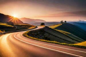 the sun sets over a winding road in the mountains. AI-Generated photo