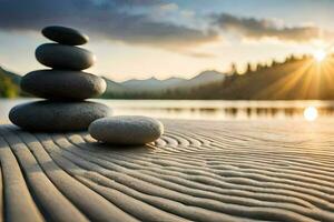 stacked stones on the beach at sunset. AI-Generated photo