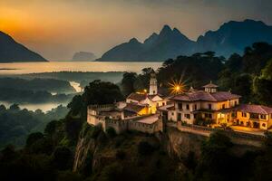 un hermosa castillo en parte superior de un montaña con vista a el lago. generado por ai foto