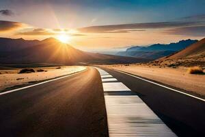 the sun is setting over a desert road. AI-Generated photo