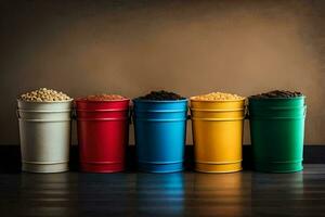 five colorful buckets with different types of beans. AI-Generated photo