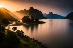 foto fondo de pantalla el cielo, montañas, lago, casa, el sol, el montañas, el lago. generado por ai