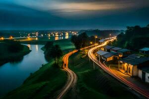 a long exposure photo of a river and houses at night. AI-Generated