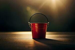 a red bucket sitting on a table in front of a bright light. AI-Generated photo