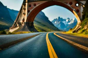 a road with a bridge over it and mountains in the background. AI-Generated photo