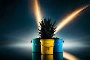 three buckets with a pineapple plant in them. AI-Generated photo