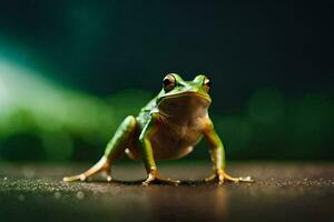 a frog is standing on the ground. AI-Generated photo
