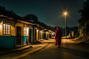 a woman in a red robe walks down a street at night. AI-Generated photo
