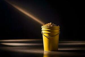 a yellow bucket filled with sand on a dark table. AI-Generated photo