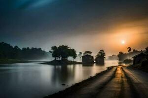 a road leading to a river with houses on the shore. AI-Generated photo