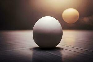 an egg sitting on a table with a blurry background. AI-Generated photo