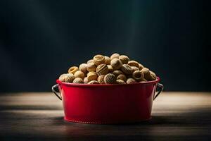 a red bucket filled with peanuts on a wooden table. AI-Generated photo