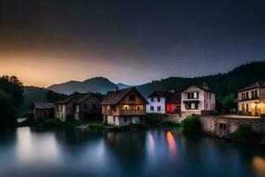 photo wallpaper the sky, water, mountains, houses, river, sunset, the village, the. AI-Generated