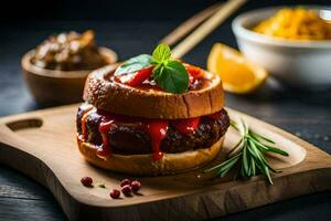 a hamburger with ketchup and herbs on a wooden cutting board. AI-Generated photo