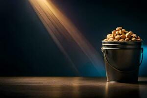 a bucket filled with peanuts on a table. AI-Generated photo