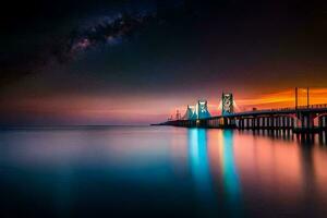 el puente a noche con el lechoso en el cielo. generado por ai foto