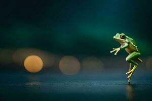 a frog is standing on its hind legs on a dark background. AI-Generated photo