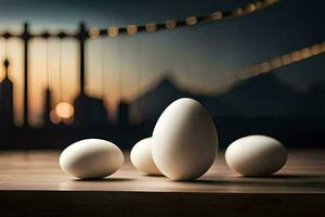 four eggs on a table with a city in the background. AI-Generated photo