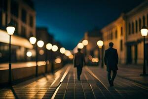 dos personas caminar abajo un calle a noche. generado por ai foto