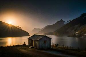 un pequeño cabina se sienta en el apuntalar de un lago a puesta de sol. generado por ai foto