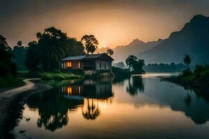 a house sits on the shore of a river at sunset. AI-Generated photo
