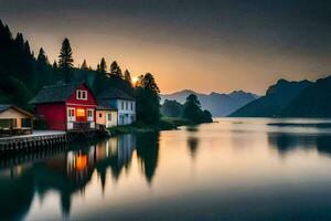 a red house sits on the shore of a lake at sunset. AI-Generated photo