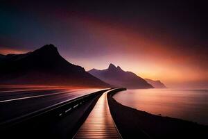 a long exposure photograph of a road and mountains. AI-Generated photo