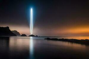 un largo haz de ligero es brillante terminado el agua. generado por ai foto