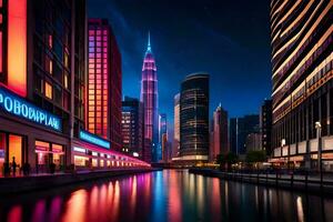 a city at night with a river and buildings. AI-Generated photo