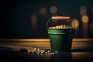 a bucket of gold coins on a table. AI-Generated photo