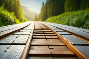 un ferrocarril pista en el medio de un bosque. generado por ai foto